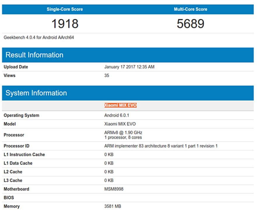 Mi Mix Evo with Snapdragon 835 spotted on Geekbench