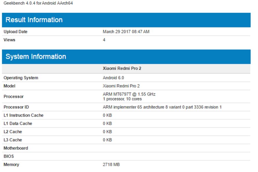 Redmi Pro 2 spotted on Geekbench with MediaTek processor